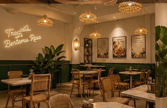 Inside a Warung BungaPagi outlet — warm rattan lighting, wooden tables, greenery, and the 'Tradisi Bertemu Rasa' wall mark.