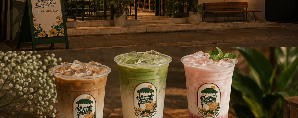 Three Warung BungaPagi signature drinks — Kopi Bunga Pagi, Pandan Kopi Susu, and Bunga Pagi Berry — on a wooden counter.